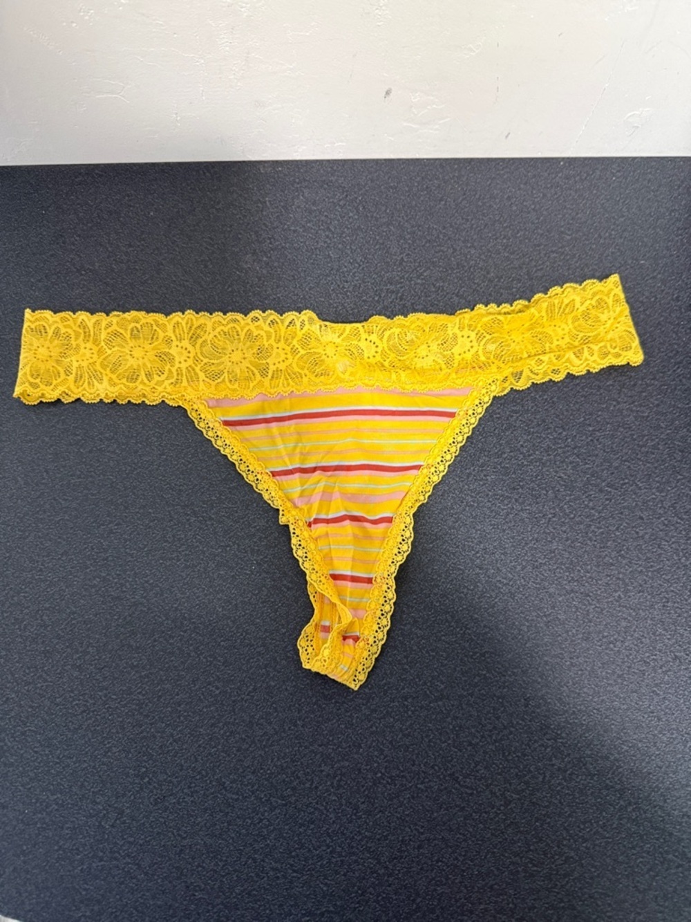 No Boundaries Yellow Lace Trim Striped Thong